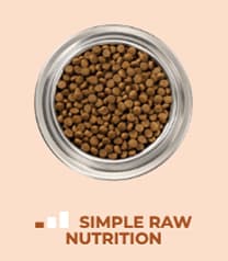 Image of dog food and a bar graph with one filled bar and two empty bars. Simple raw nutrition.